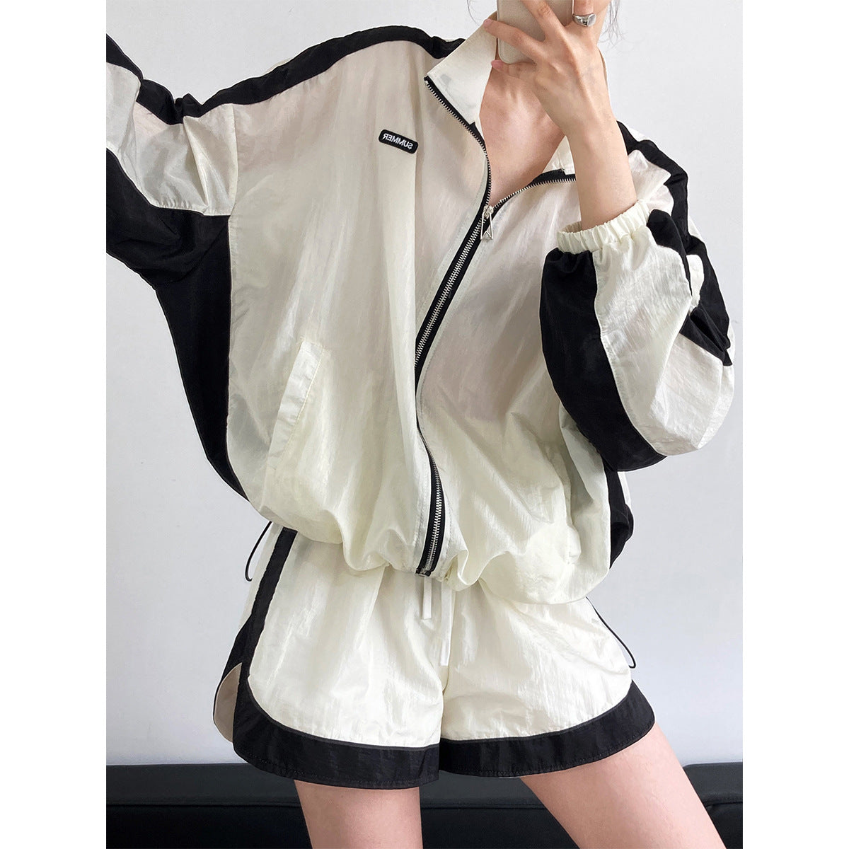 Luxi color matching sun protection jacket + wide-leg shorts suit female spring and summer fashion casual sun protection clothing two-piece suit 2306