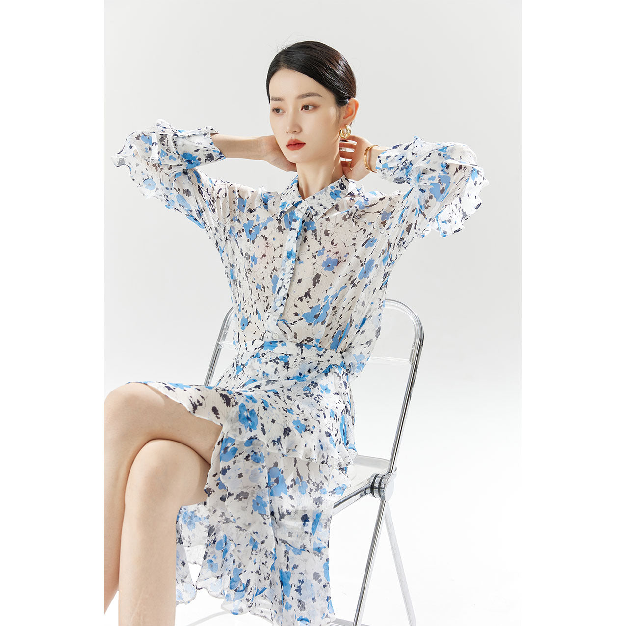 2025 Summer New French Silk Long Sleeve Lace Printing Versatile Lapel Temperament Commuter Floral Women's Shirt