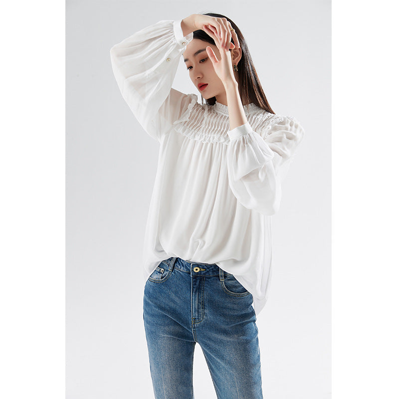 Stand collar shirt thin style 2025 new spring and summer white lantern sleeve sun protection top French shirt women's all-matc