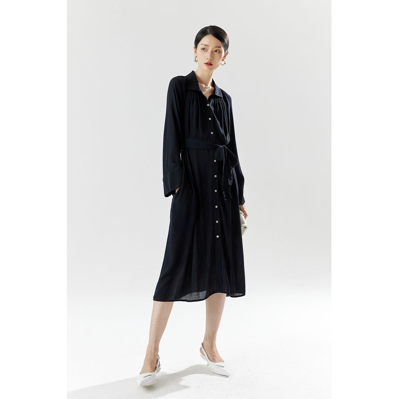 2025 summer new women's temperament commuting belt shirt dress waist long skirt atmospheric slim high waist dress