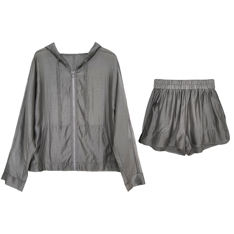 hooded Tencel sun protection clothing + shorts two-piece suit female summer thin outdoor sports leisure suit 2310
