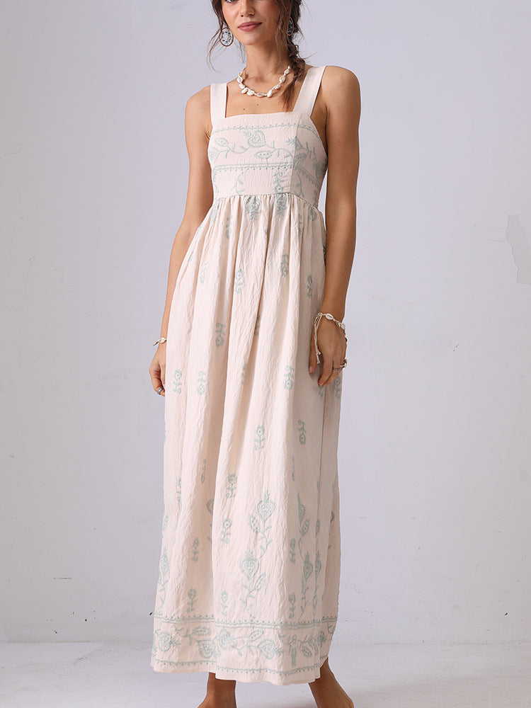 French niche high-end floral embroidered suspender dress backless holiday long dress independent station