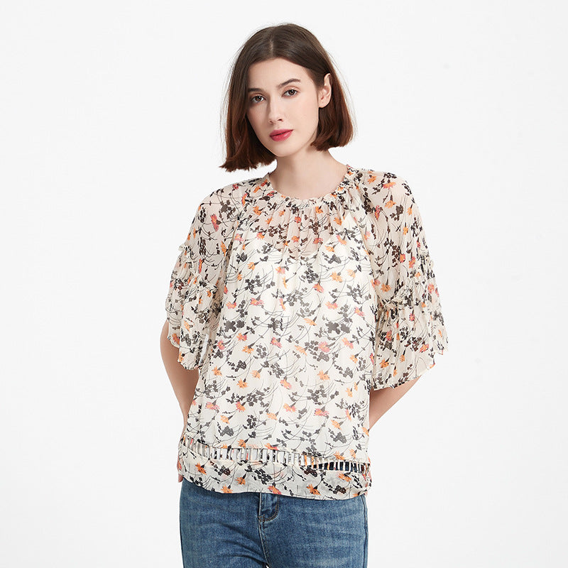Summer printed silk blouse for women, mulberry silk short-sleeved loose chiffon ruffled top with floral print