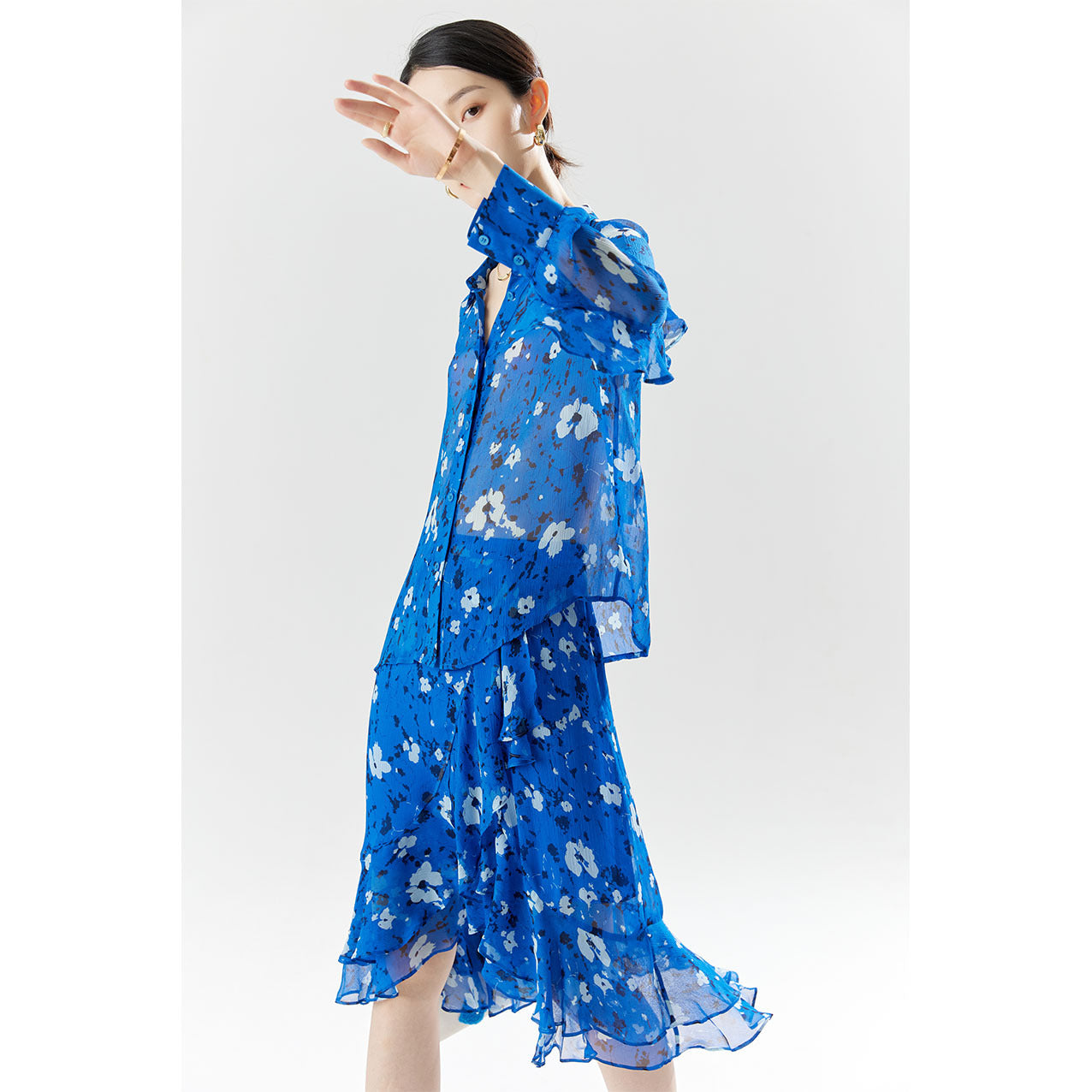 2025 Summer New French Silk Long Sleeve Lace Printing Versatile Lapel Temperament Commuter Floral Women's Shirt