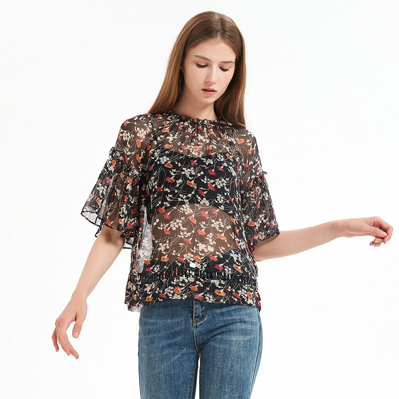 Summer printed silk blouse for women, mulberry silk short-sleeved loose chiffon ruffled top with floral print