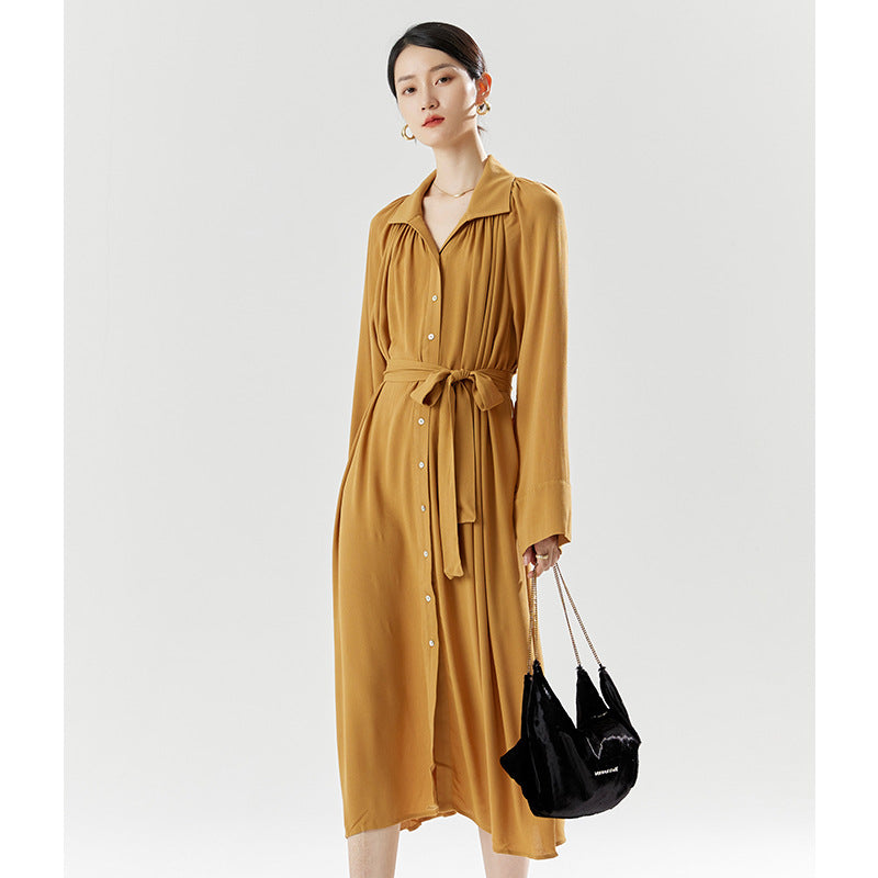 2025 summer new women's temperament commuting belt shirt dress waist long skirt atmospheric slim high waist dress