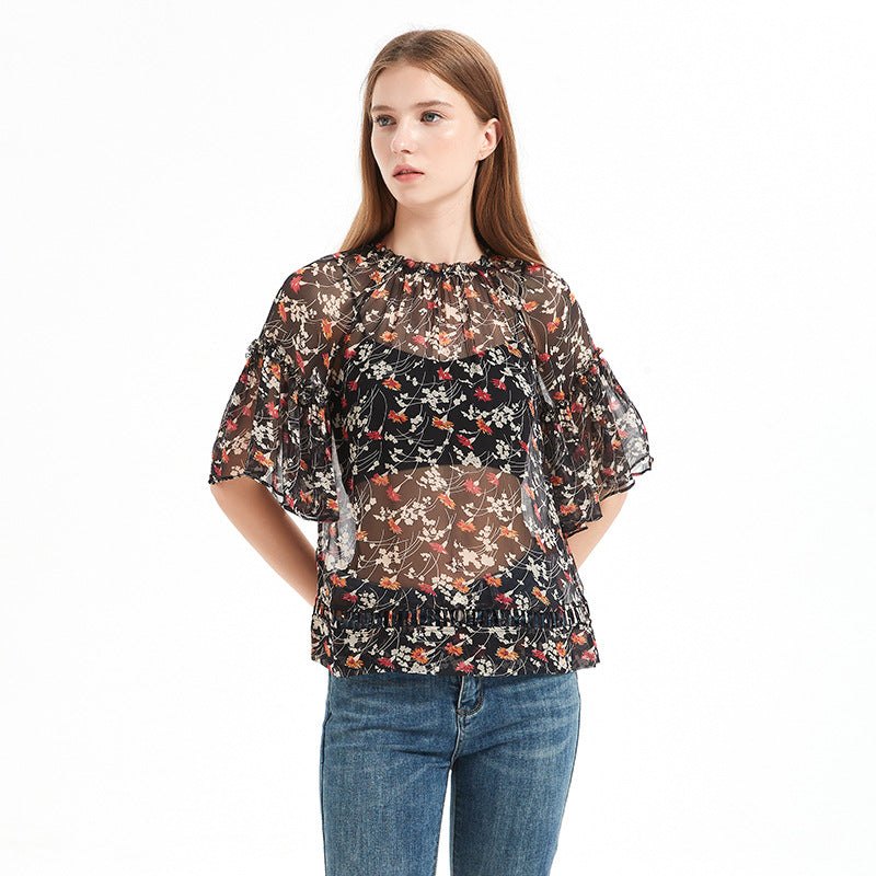 Summer printed silk blouse for women, mulberry silk short-sleeved loose chiffon ruffled top with floral print