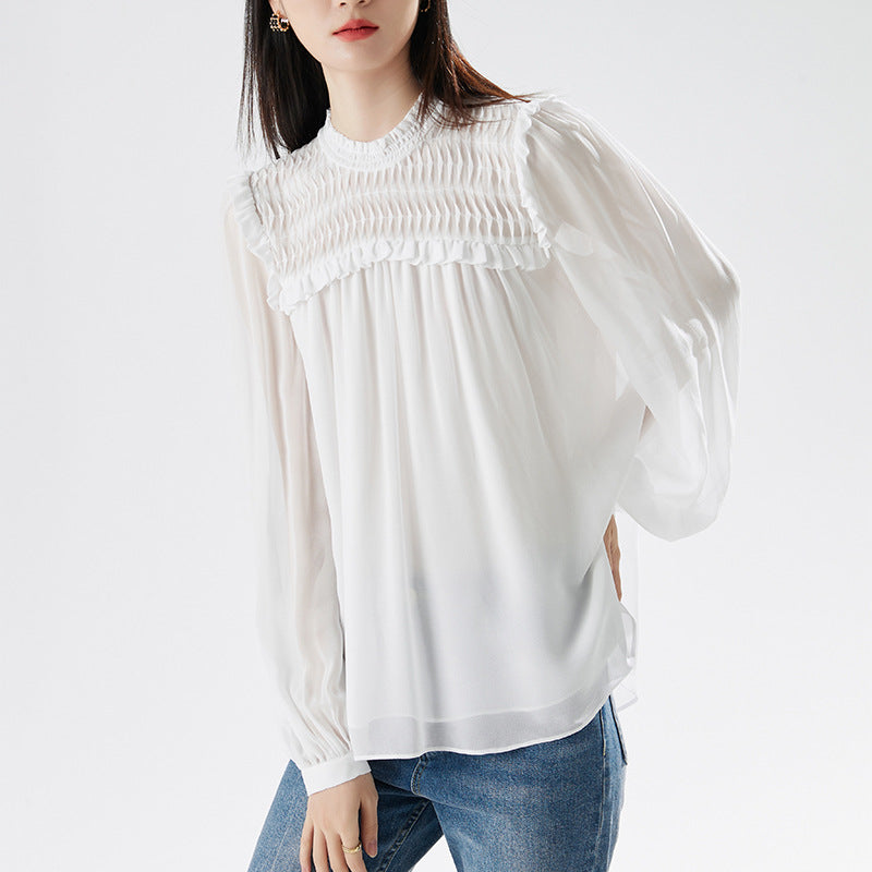 Stand collar shirt thin style 2025 new spring and summer white lantern sleeve sun protection top French shirt women's all-matc