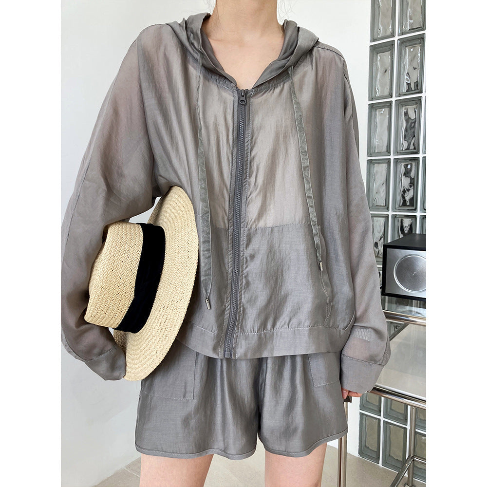 hooded Tencel sun protection clothing + shorts two-piece suit female summer thin outdoor sports leisure suit 2310