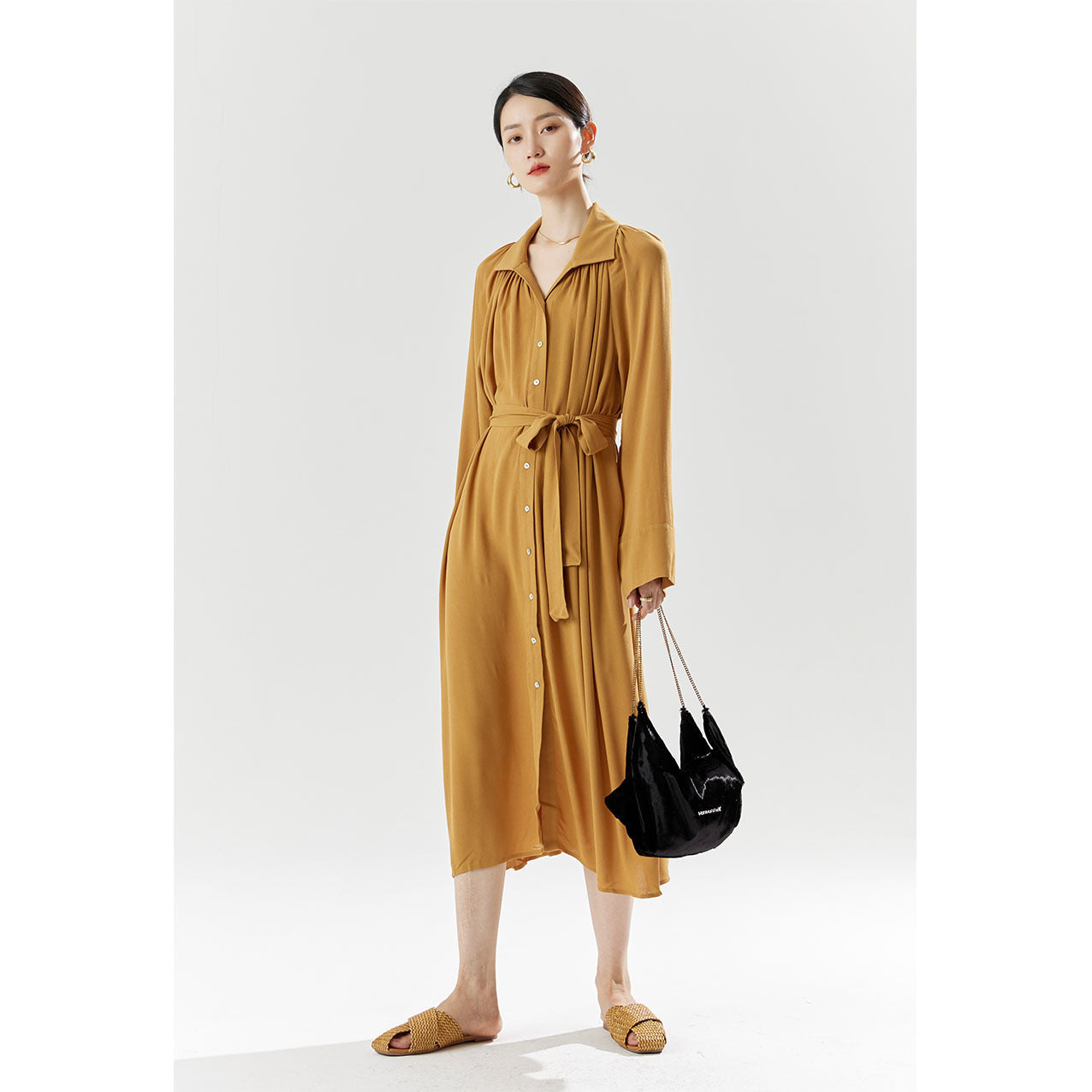 2025 summer new women's temperament commuting belt shirt dress waist long skirt atmospheric slim high waist dress