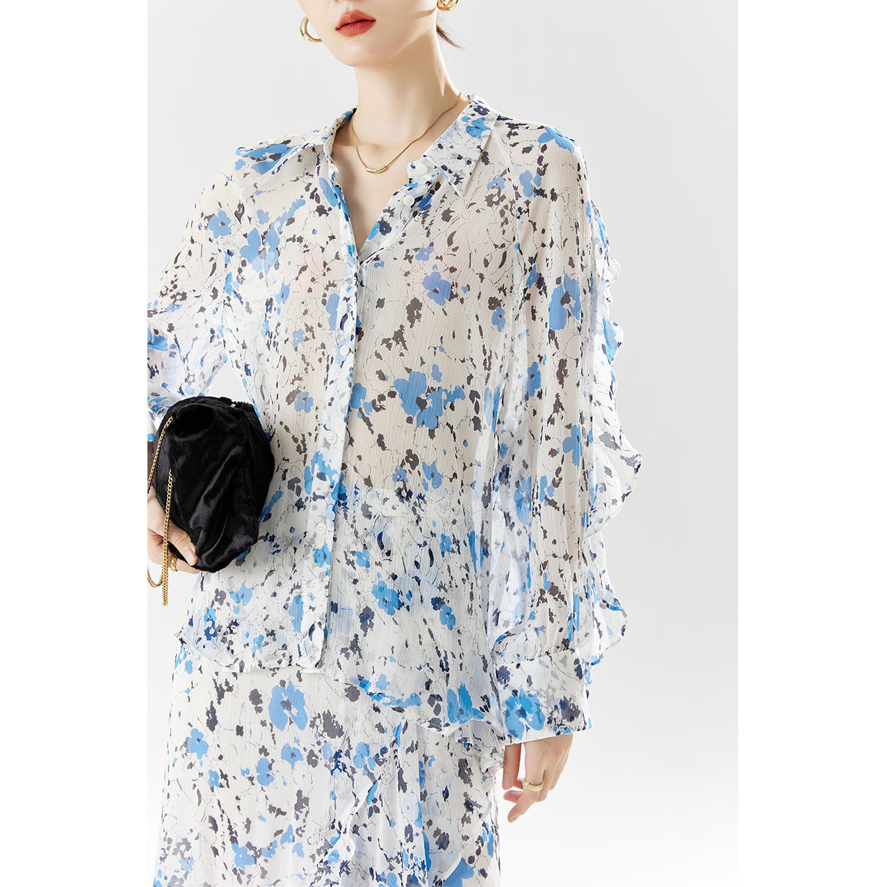 2025 Summer New French Silk Long Sleeve Lace Printing Versatile Lapel Temperament Commuter Floral Women's Shirt