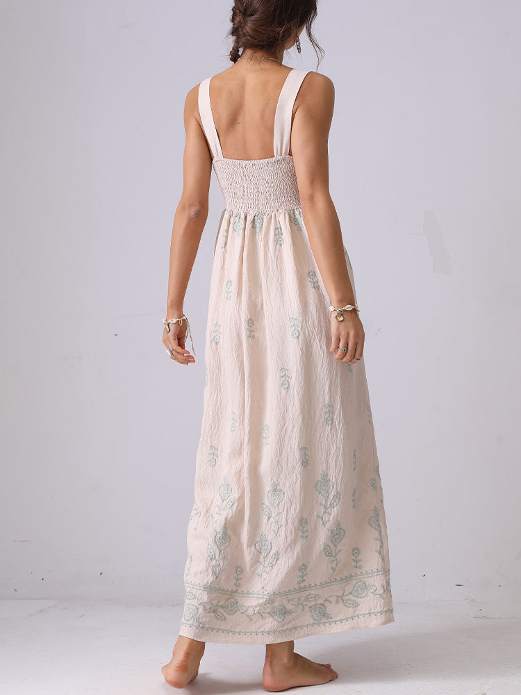 French niche high-end floral embroidered suspender dress backless holiday long dress independent station