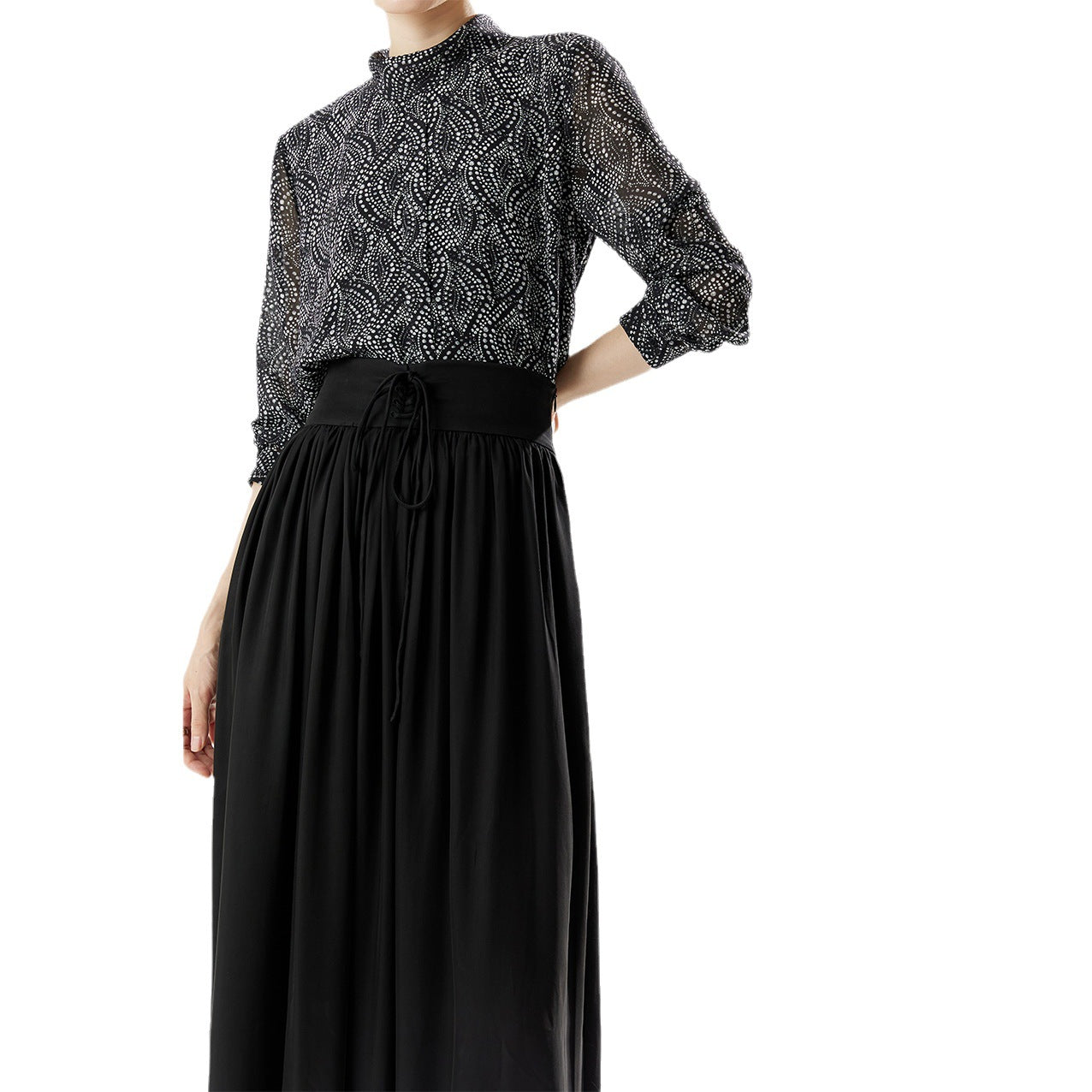 2025 Summer New Women's Stand Collar Black Long Sleeve Print Temperament Commuter Pullover Fashion Chiffon Shirt Top