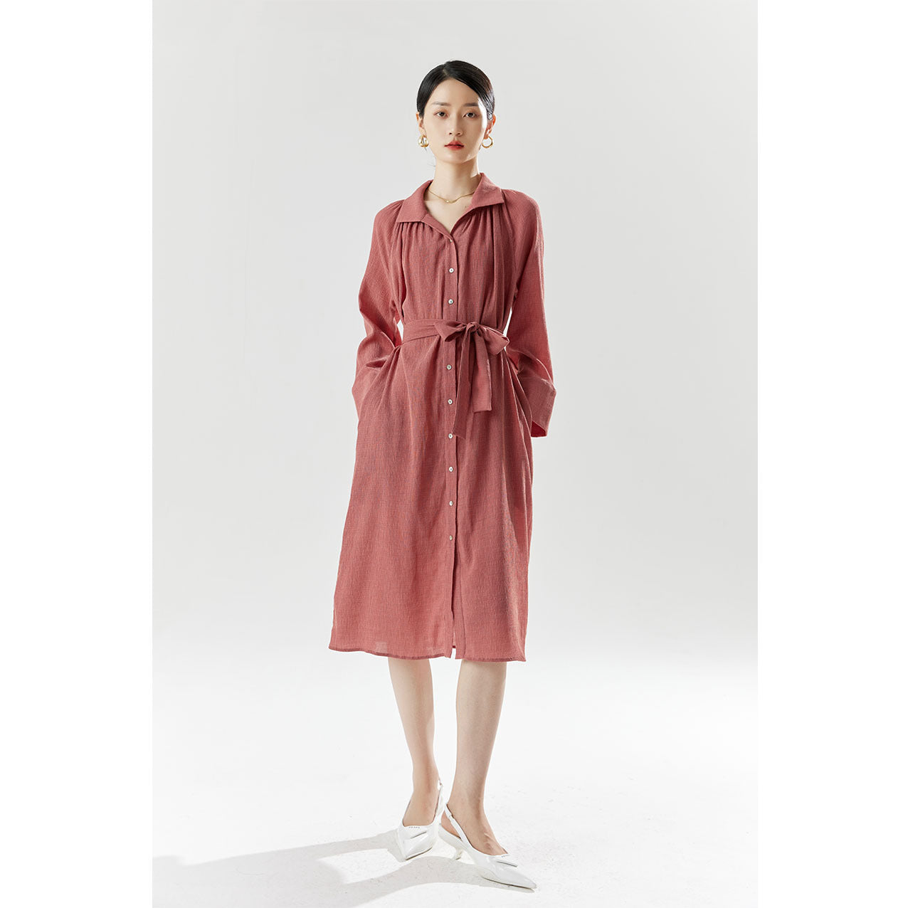 2025 summer new women's temperament commuting belt shirt dress waist long skirt atmospheric slim high waist dress