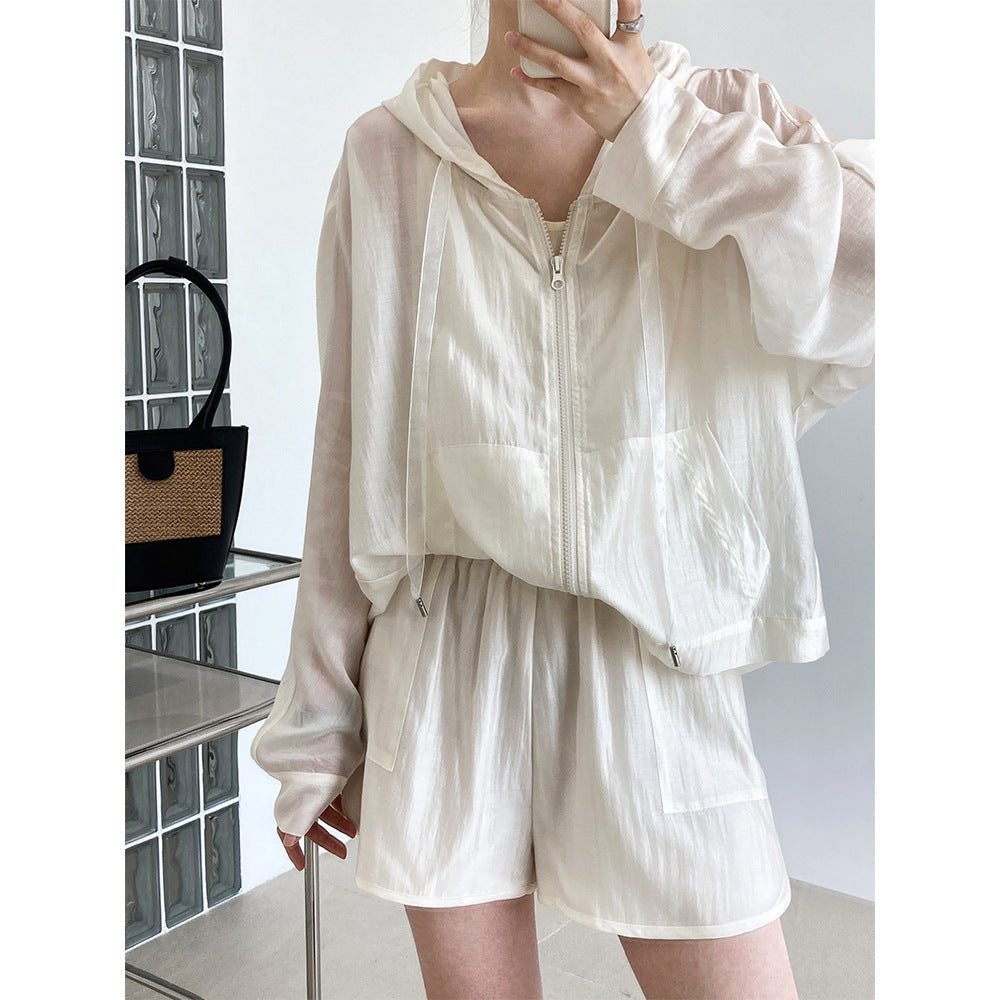 hooded Tencel sun protection clothing + shorts two-piece suit female summer thin outdoor sports leisure suit 2310