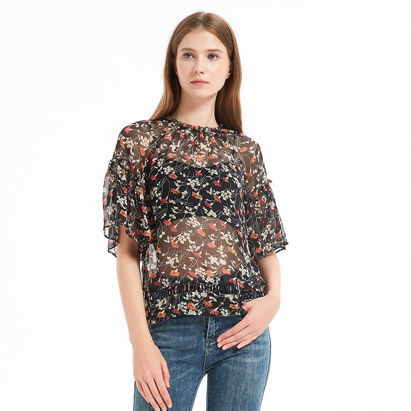 Summer printed silk blouse for women, mulberry silk short-sleeved loose chiffon ruffled top with floral print