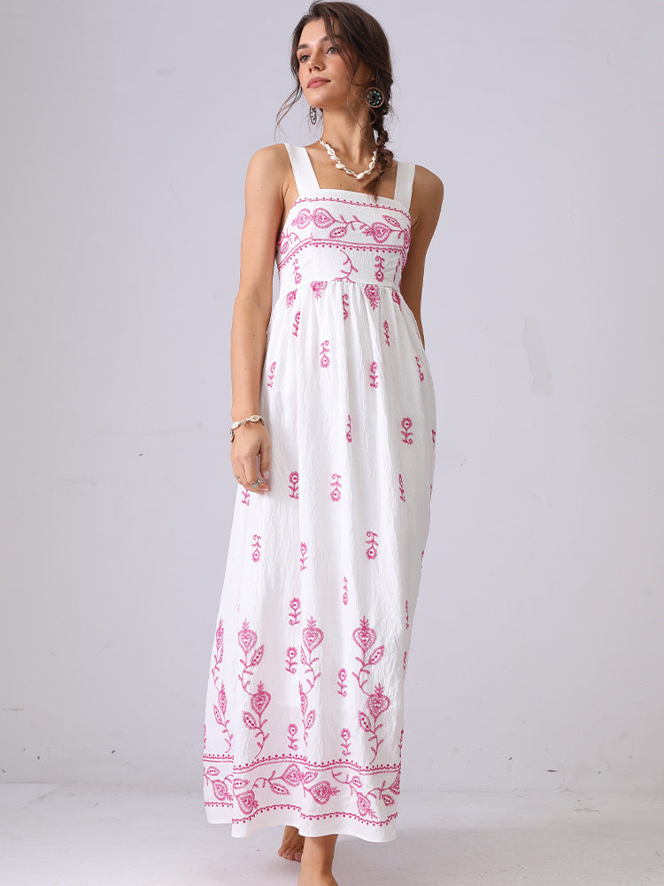 French niche high-end floral embroidered suspender dress backless holiday long dress independent station