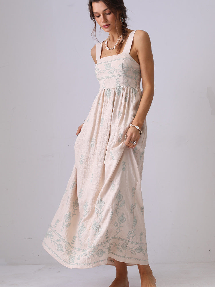 French niche high-end floral embroidered suspender dress backless holiday long dress independent station