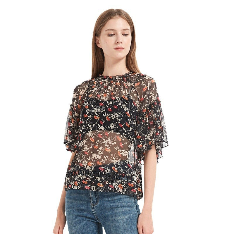 Summer printed silk blouse for women, mulberry silk short-sleeved loose chiffon ruffled top with floral print