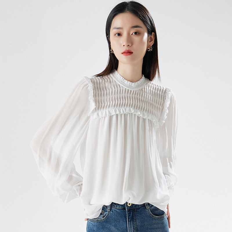 Stand collar shirt thin style 2025 new spring and summer white lantern sleeve sun protection top French shirt women's all-matc
