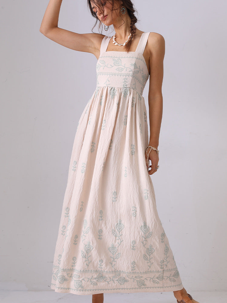 French niche high-end floral embroidered suspender dress backless holiday long dress independent station