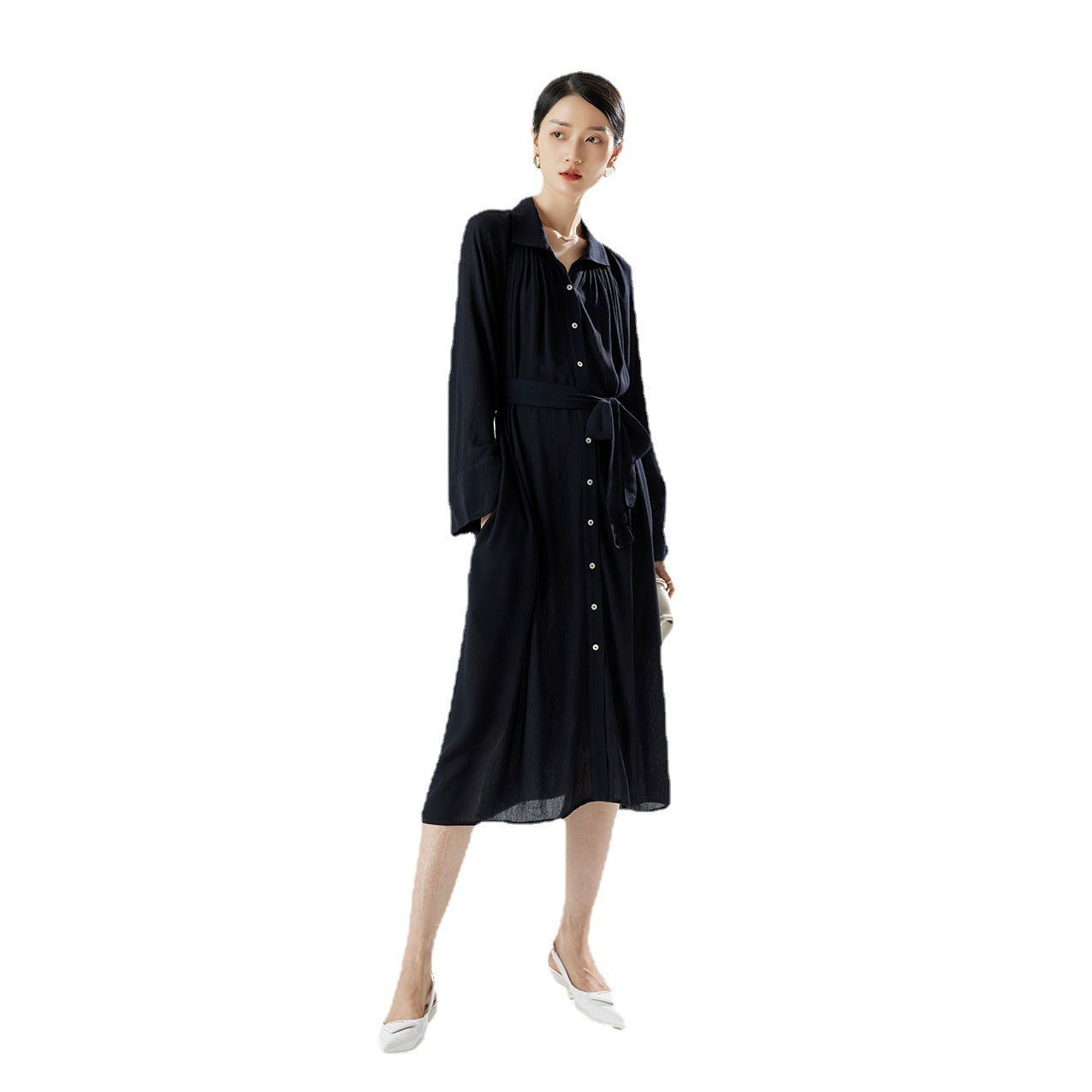 2025 summer new women's temperament commuting belt shirt dress waist long skirt atmospheric slim high waist dress