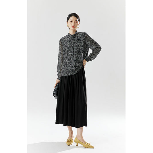 2025 Summer New Women's Stand Collar Black Long Sleeve Print Temperament Commuter Pullover Fashion Chiffon Shirt Top
