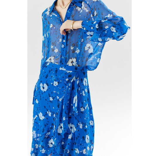 2025 Summer New French Silk Long Sleeve Lace Printing Versatile Lapel Temperament Commuter Floral Women's Shirt