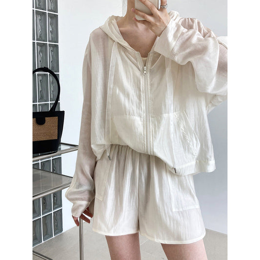hooded Tencel sun protection clothing + shorts two-piece suit female summer thin outdoor sports leisure suit 2310