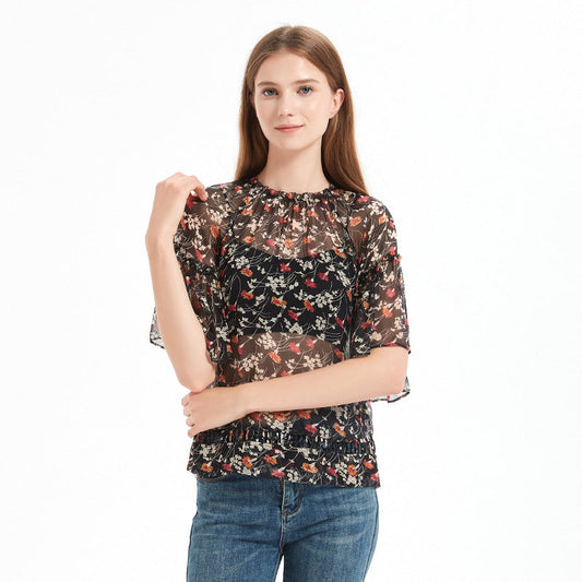 Summer printed silk blouse for women, mulberry silk short-sleeved loose chiffon ruffled top with floral print