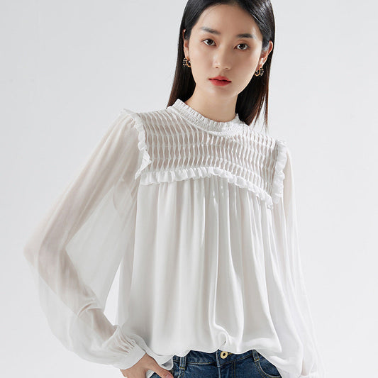 Stand collar shirt thin style 2025 new spring and summer white lantern sleeve sun protection top French shirt women's all-matc