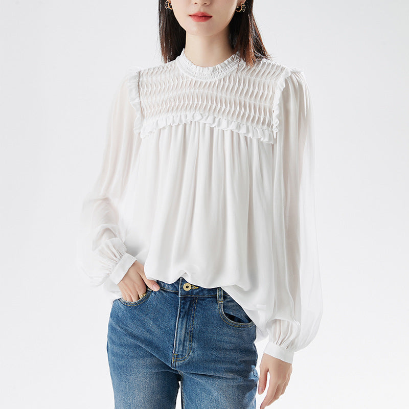 Stand collar shirt thin style 2025 new spring and summer white lantern sleeve sun protection top French shirt women's all-matc